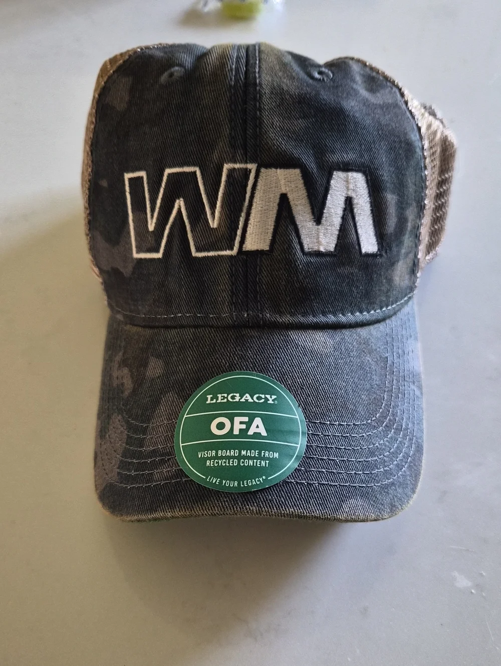WM Logo Trucker Hat in Distressed Dark Gray with Tan Mesh